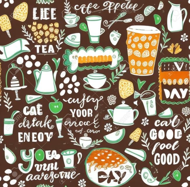 Cafe patroon met doodle theepotten, kopjes, inspirerende citaten en desserts. Koffie is altijd een goed idee. Eet goed, voel je goed. Geniet van uw maaltijd. Naadloze textuur voor menu design.