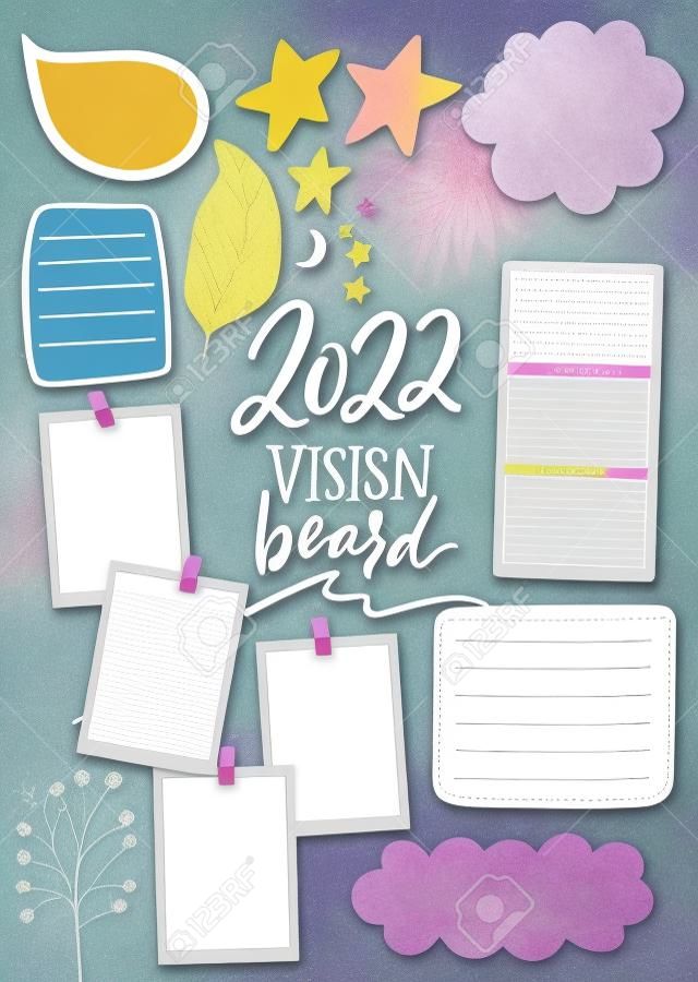 Wish board template with place for goals, dreams list, travel plans and inspiration. Vision collage for teens, nursery poster design. Journal page for planning, new year resolutions in 2022. Vision board workshop asset