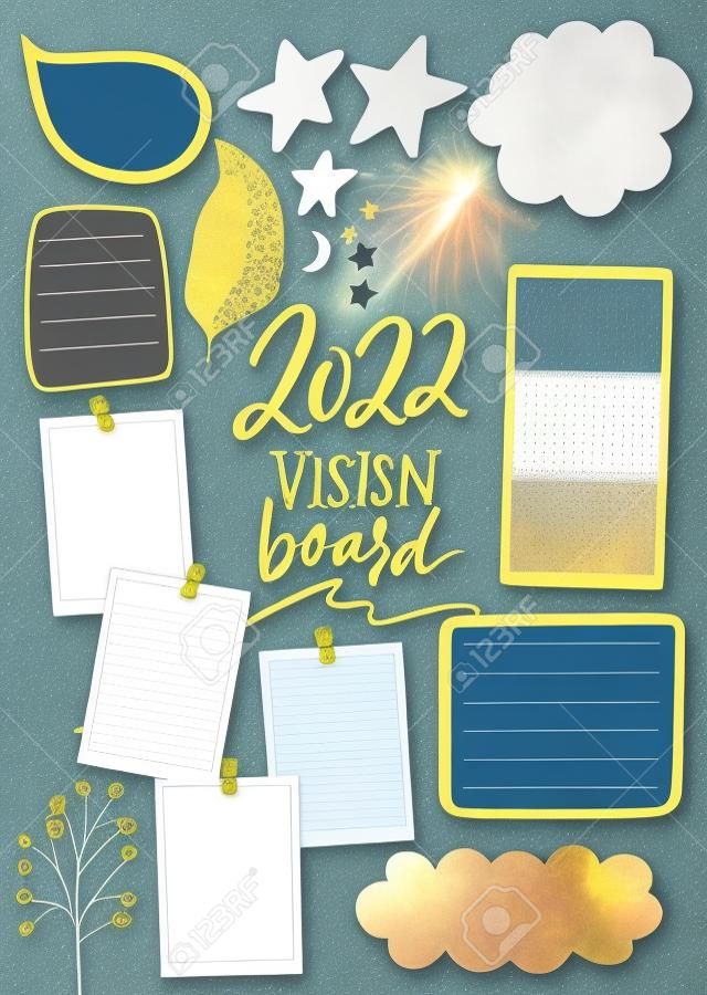 Modelo de quadro de desejos com lugar para metas, lista de sonhos, planos de viagem e inspiração. Colagem de visão para adolescentes, design de pôster de berçário. Página de diário para planejamento, resoluções de ano novo em 2022.