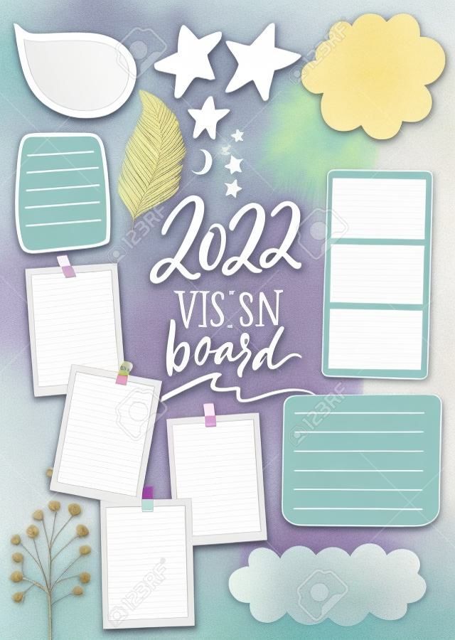 Wish board template with place for goals, dreams list, travel plans and inspiration. Vision collage for teens, nursery poster design. Journal page for planning, new year resolutions in 2022. Vision board workshop asset
