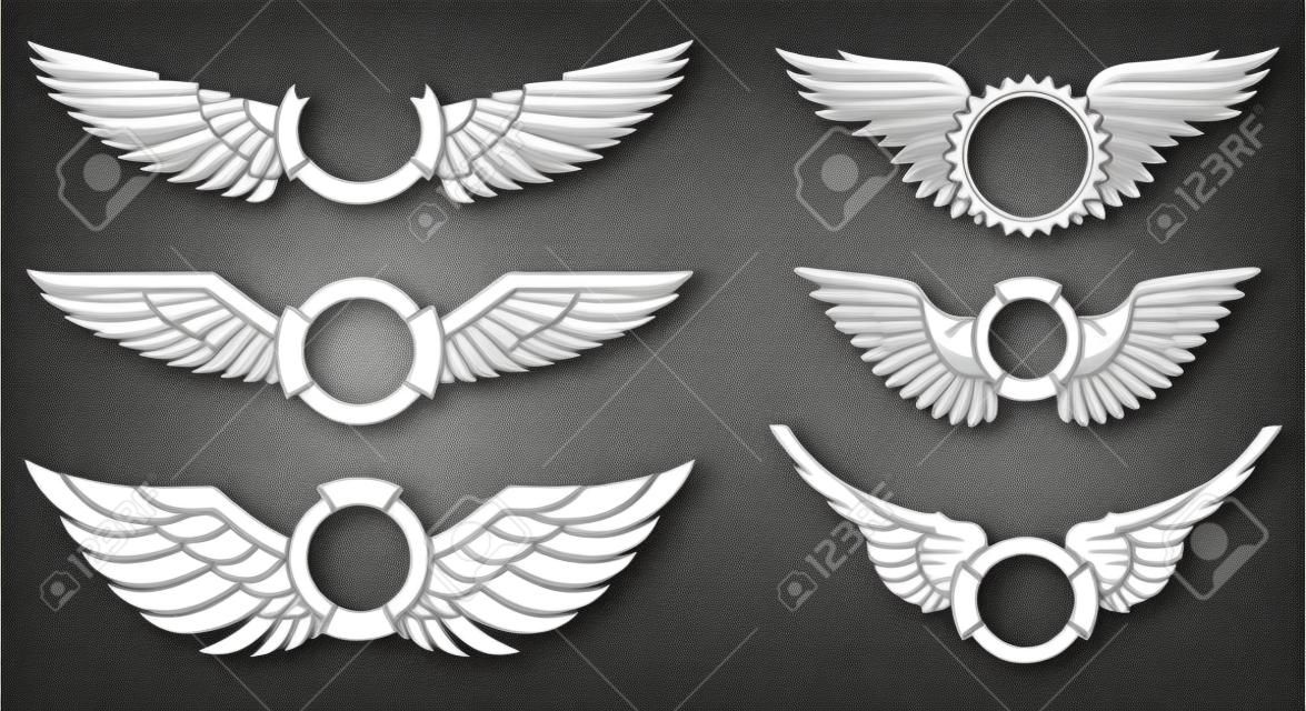 Крылья с баннеров набор на белом фоне. Геральдические крылья. Элемент логотип, этикетка и эмблемы дизайна. Векторная иллюстрация.