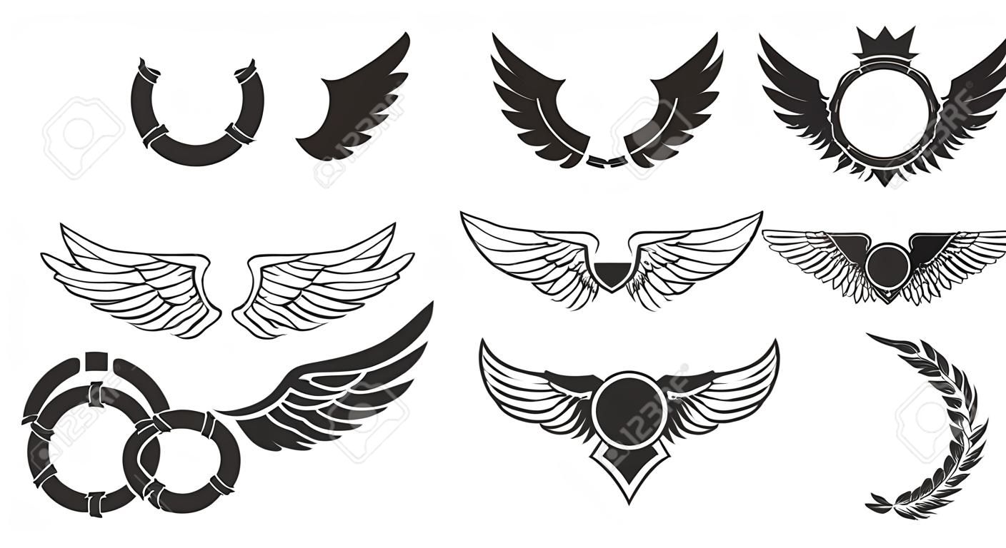 バナーが付いている翼は白い背景に設定します。紋章の翼。ロゴ、ラベルおよびエンブレム デザインの要素です。ベクトルの図。