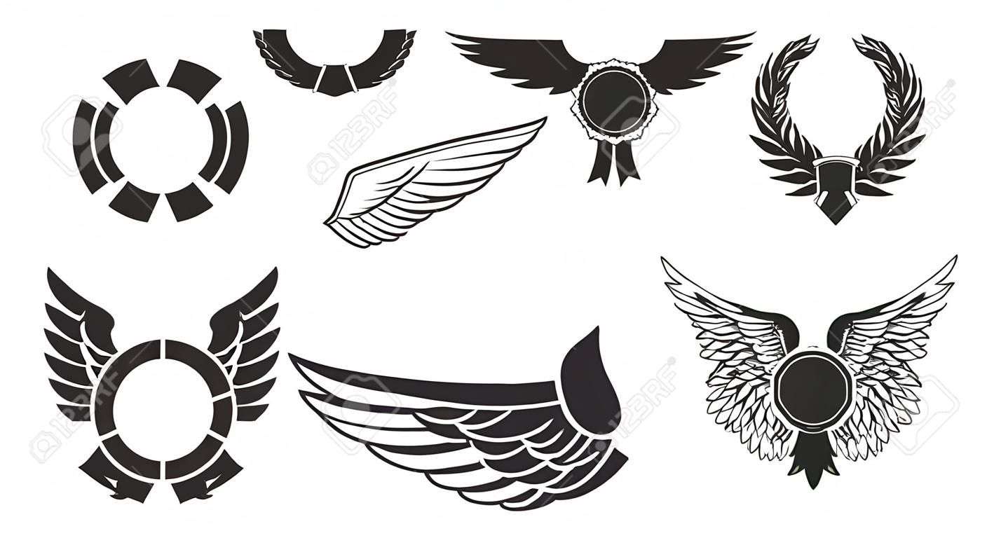 Skrzydła z transparenty na białym tle. Heraldyczne skrzydła. Elementem logo, etykiet i emblematów projektu. Ilustracji wektorowych.