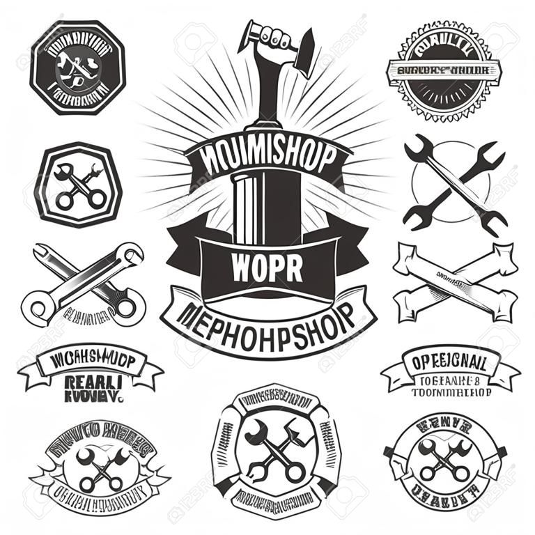 Logo for repair workshop. Emblem mechanics. Tools mechanics - open-end wrench, adjustable wrench. Hand with  a spanner. Logo workshop in the old school style.