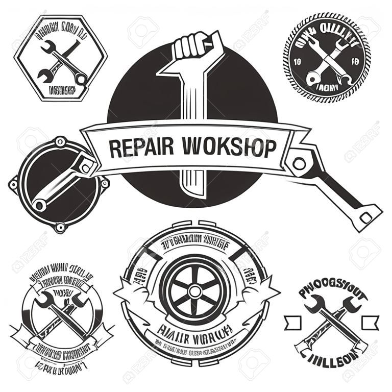 リペア ショップのロゴ。エンブレムの力学。ツールの力学 - オープン エンド レンチ、モンキー レンチ。スパナを持つ手。古い学校のスタイルでロゴのワーク ショップ。