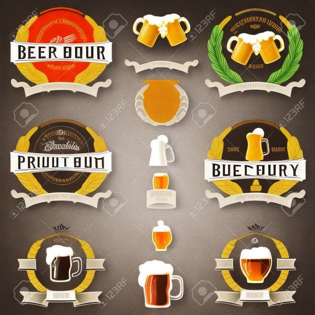 Zutaten für die Herstellung von Bier. Bier Firmenlogo, Etikett Bier. Das Emblem des Bieres. Hopfen, Malz, Hefe. Satz von Designelementen Bier-Etikett.