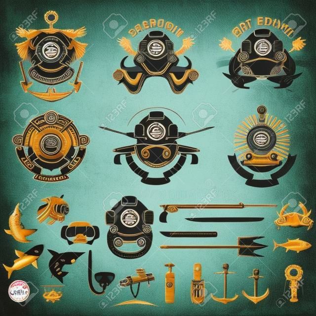ダイビングに生まれた。ビンテージ ダイバー ヘルメット、ダイバー ラベル テンプレートとデザイン要素のセットです。 ロゴ、ラベル、紋章、記号、バッジ、ブランド マークのデザイン要素です。ベクトルの図。