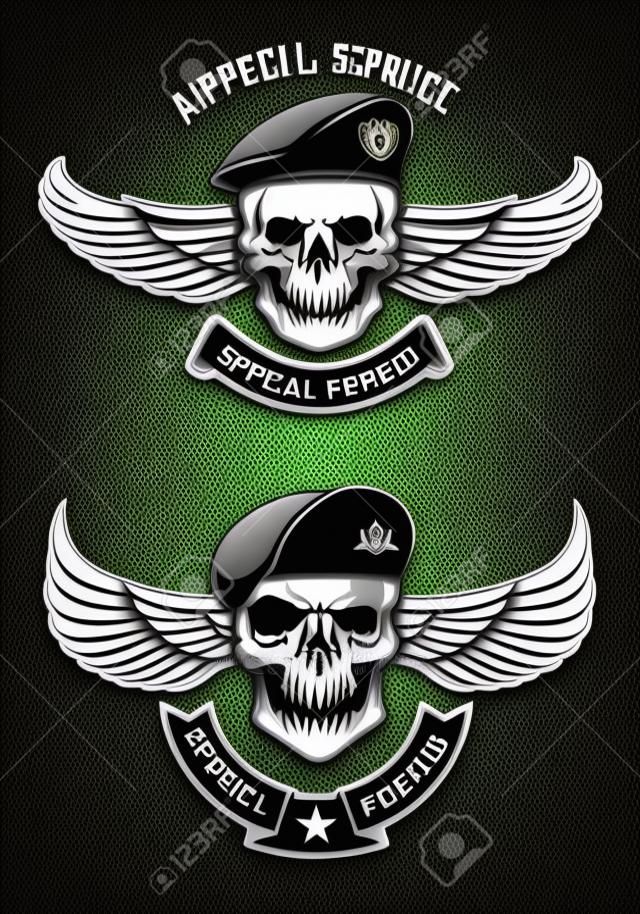 特殊部隊。軍事の髪飾りで翼のある頭蓋骨。エンブレムのデザインは、バッジします。ベクトルの図。