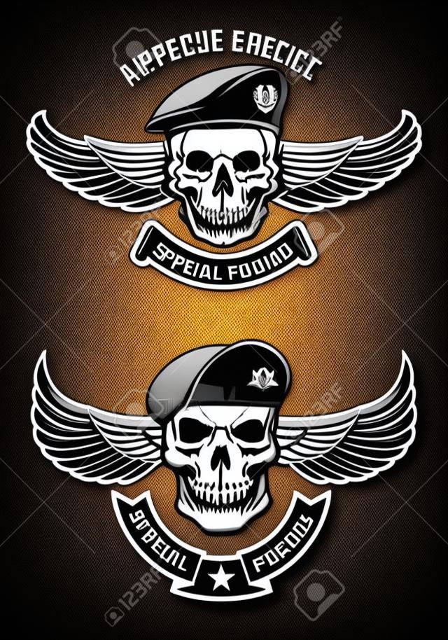 特種部隊。翼頭骨頭在軍事頭飾。徽章設計元素，徽章。矢量圖。