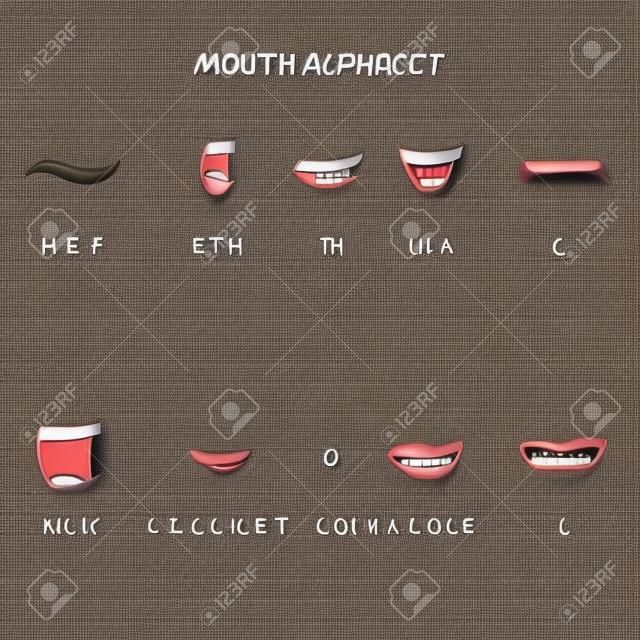 Bocca alfabeto. Carattere bocca lip sync. Elemento di design per l'animazione vocale carattere, motion design. Illustrazione vettoriale.