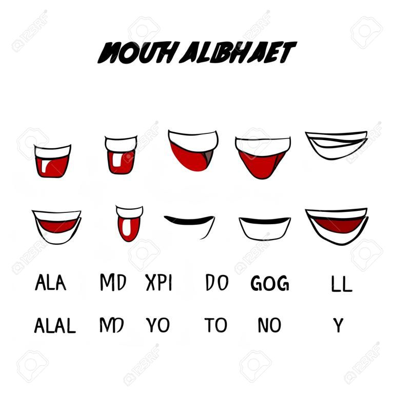 Mouth alphabet. Character mouth lip sync. Design element for character voice  animation, motion design. Vector illustration.