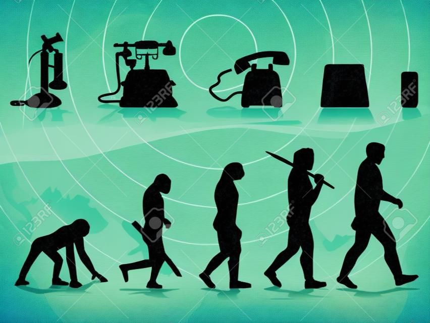 conceptuele illustratie waarbij menselijke en telefoon evolutie worden vergeleken