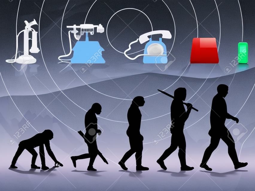 ilustração conceitual comparando evolução humana e telefone