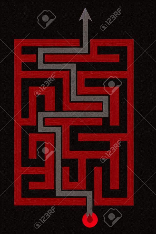 Roter Pfeil geht durch den Irrgarten. Pfad über Labyrinth. Computer generierte Bild.