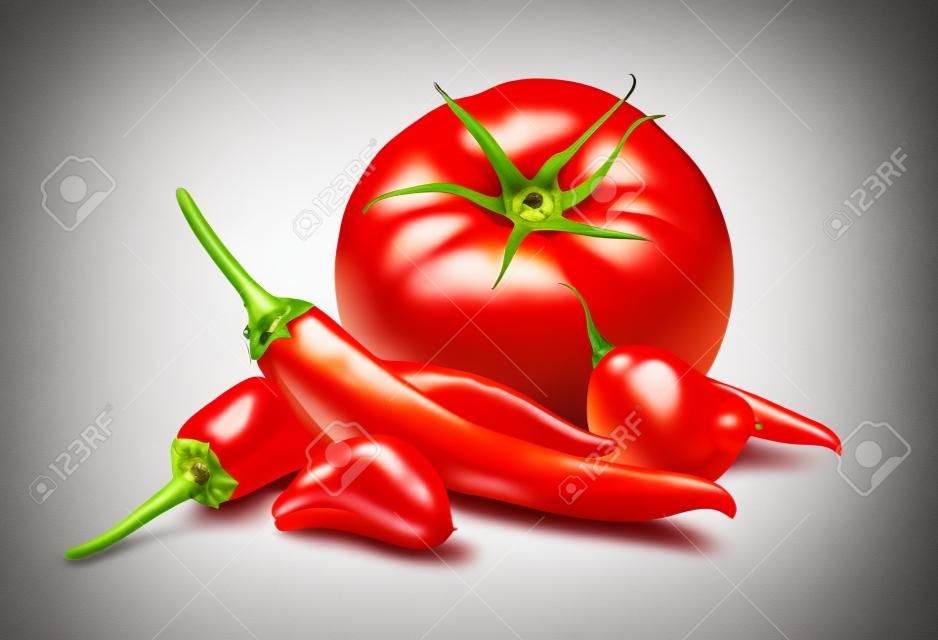Tomaten, Knoblauchzehen, Red Hot Chili Peppers isoliert auf weißem Hintergrund als Package-Design-Element