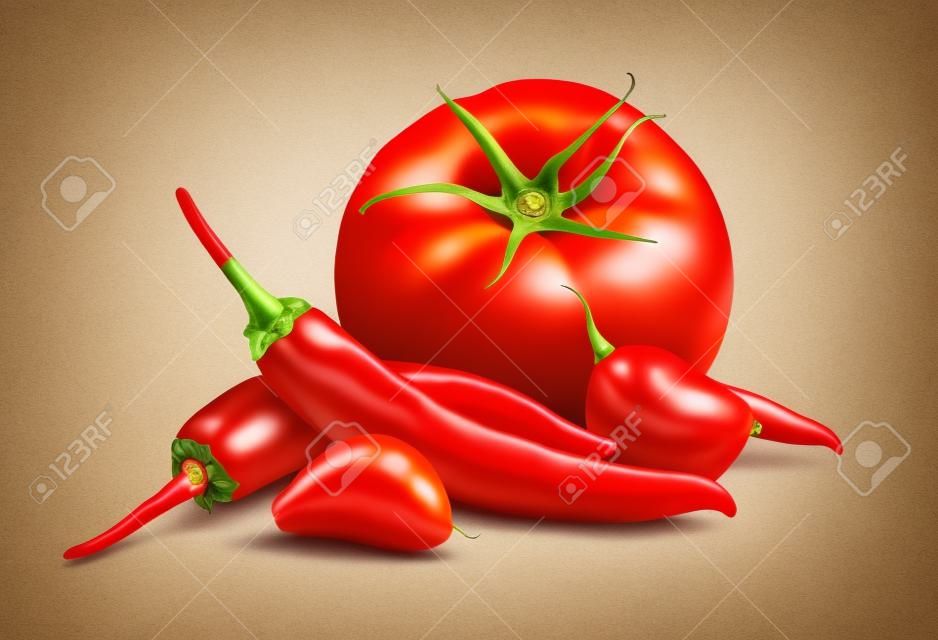 Paradicsom, gerezd fokhagyma, piros csípős chili paprika elszigetelt fehér háttér csomag design elem