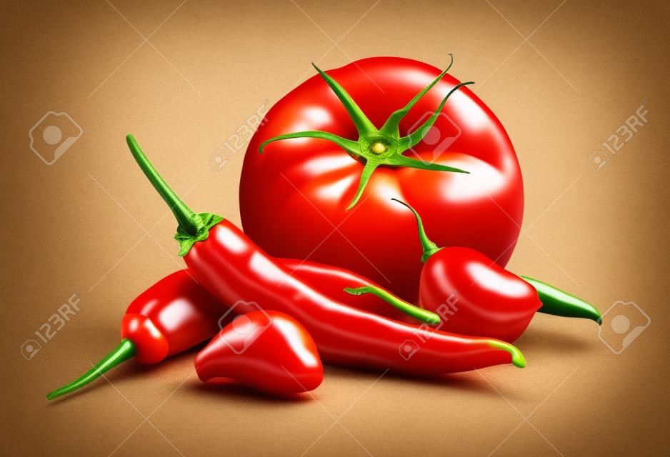 Tomates, les gousses d'ail, piment rouge piment isolé sur fond blanc comme élément de design de l'emballage