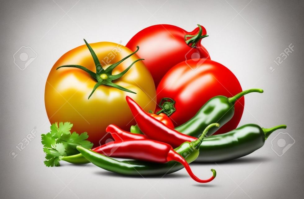 Meksykańska zestaw warzyw pomidor cebula chili pietruszki na białym tle jako element projektu pakietu