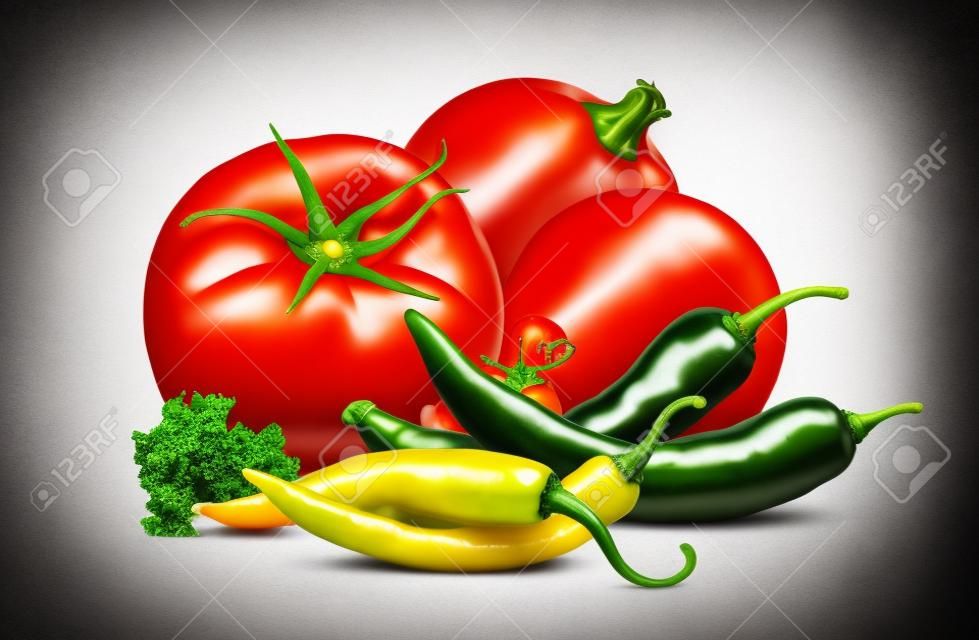 Legumes mexicanos conjunto tomate cebola pimenta salsa isolada no fundo branco como elemento de design de embalagem