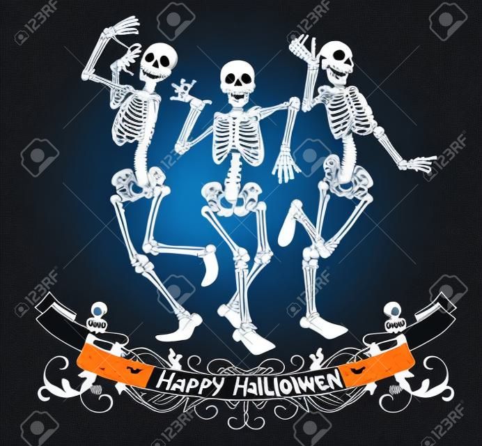 Счастливые танцы скелетов Хэллоуин изолированных векторные иллюстрации, контурные графики для плакатов и баннеров
