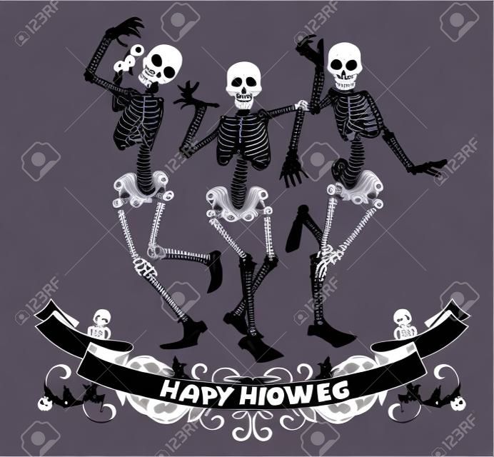 Happy scheletri danzanti Halloween isolato illustrazione vettoriale, grafica di contorno per i manifesti e striscioni