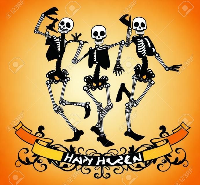 Happy Halloween szkielety tańczące wyizolowanych ilustracji wektorowych, grafika kontur plakatów i banerów