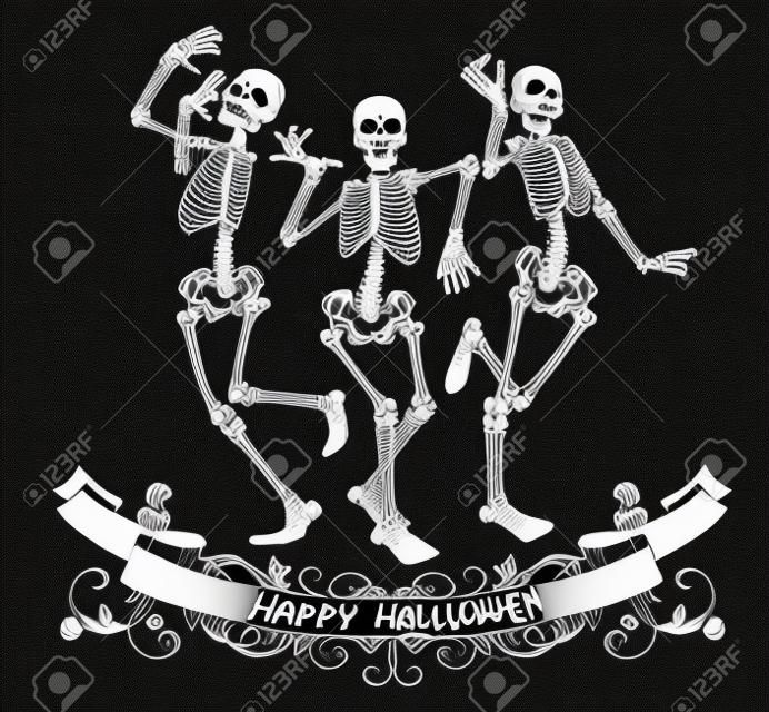 Happy Halloween szkielety tańczące wyizolowanych ilustracji wektorowych, grafika kontur plakatów i banerów