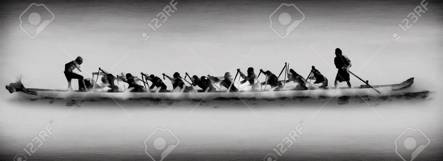 eylem bir ejderha tekne illüstrasyon, siyah ve beyaz zemin üzerine beyaz