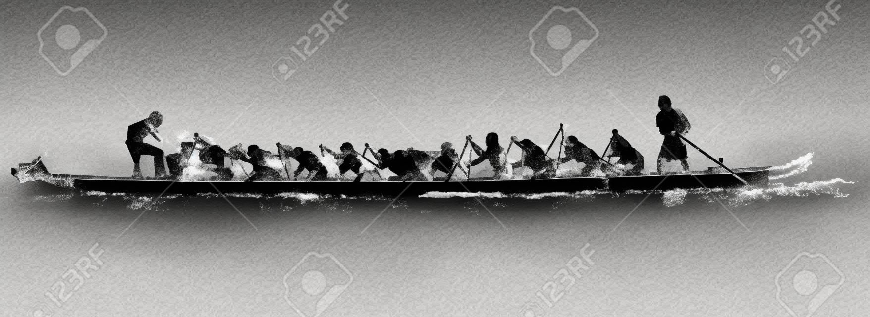 Ilustracja z łodzi smoka w akcji, czarny i biały na białym tle