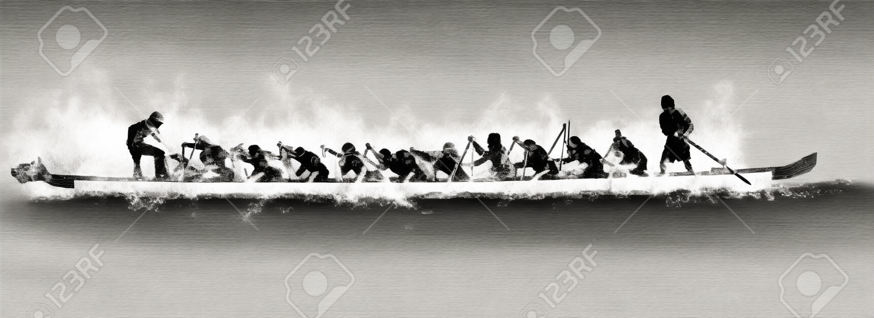 Ilustracja z łodzi smoka w akcji, czarny i biały na białym tle