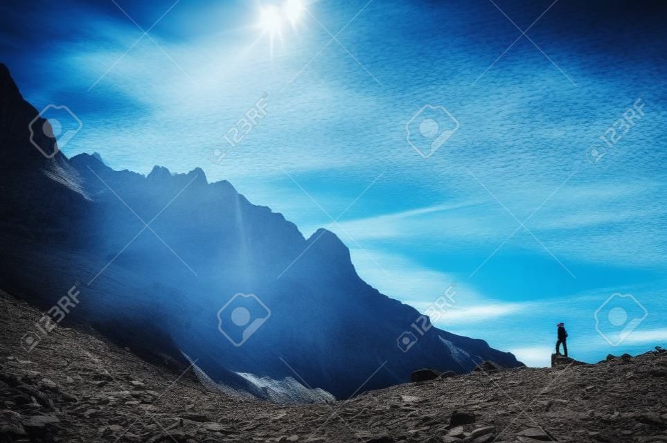 Adventure in mountains, Sport photo, hiking, Blue edit space