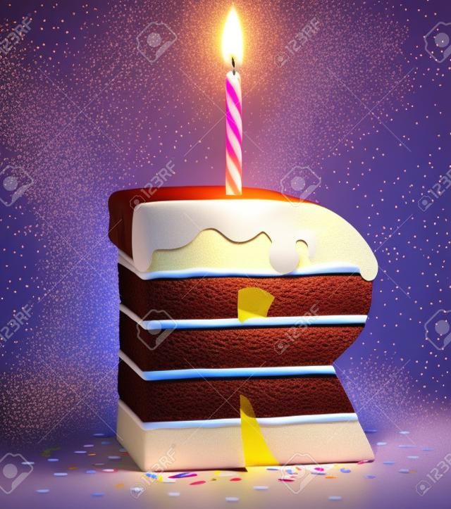 lettera R di compleanno a forma di torta al cioccolato con candela accesa e coriandoli isolato su bianco illustrazione 3d