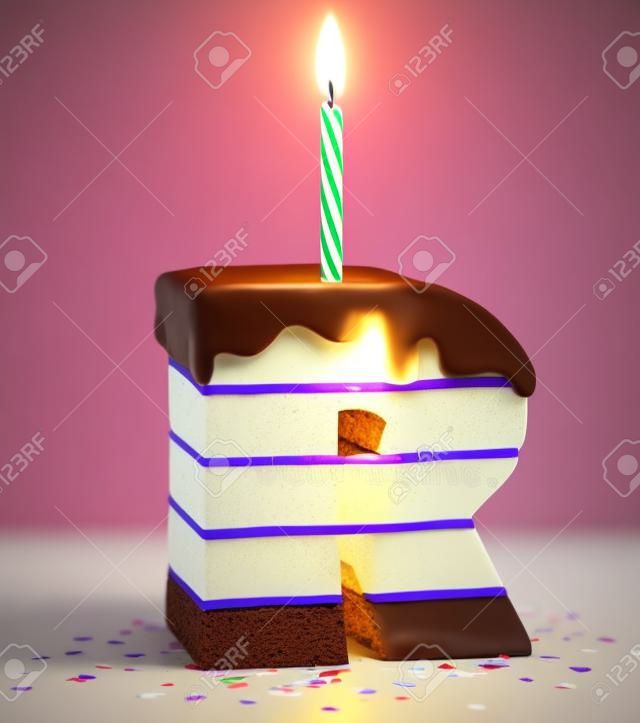 lettre R gâteau d'anniversaire au chocolat en forme de bougie allumée avec des confettis et isolé sur fond illustration 3d blanc