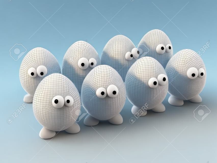 paquete de los huevos divertidos como personajes de dibujos animados en 3D aislado más de blanco