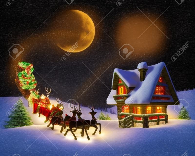 Christmas night scene - Santa Claus rides reindeer sleigh in front of the log house