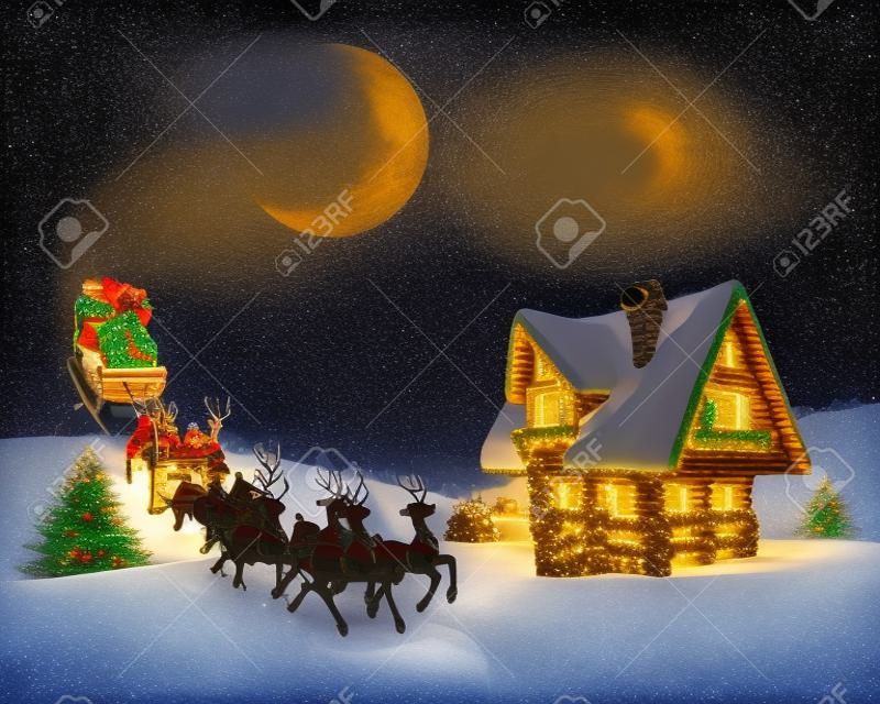Escena de la noche de Navidad - Santa Claus paseos en trineo de renos en frente de la casa de madera
