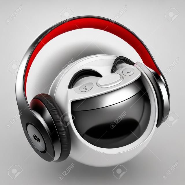 Musique emoji avec un casque isolé sur fond blanc, émoticône avec des écouteurs rendu 3d