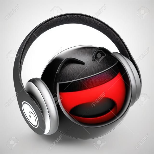 Musique emoji avec un casque isolé sur fond blanc, émoticône avec des écouteurs rendu 3d