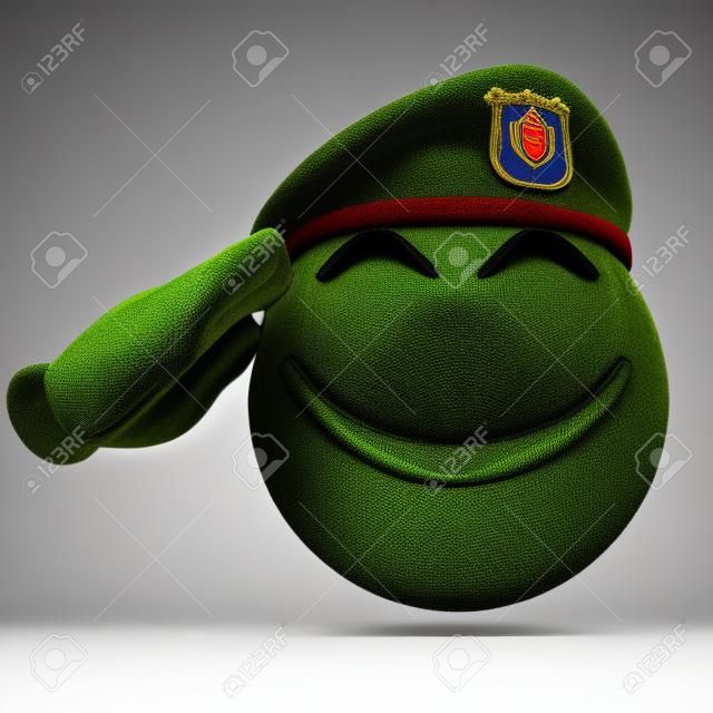 Soldado do exército do Emoji isolado no fundo branco, boina militar vestindo do emoticon que sauda a rendição 3d