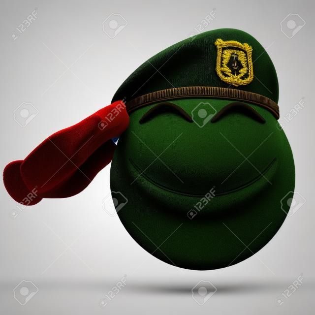 Soldado do exército do Emoji isolado no fundo branco, boina militar vestindo do emoticon que sauda a rendição 3d