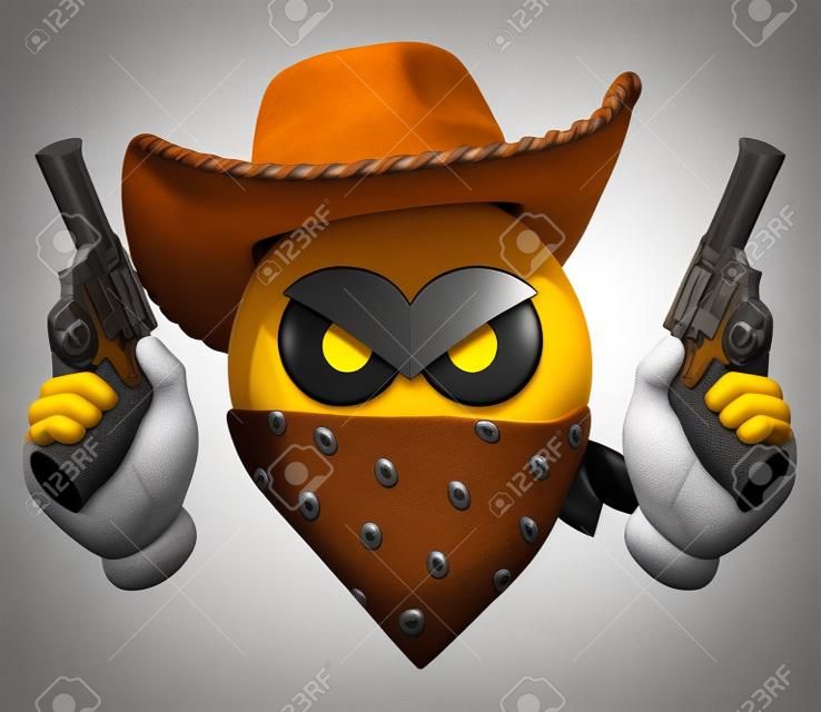 Emoji del bandito isolata su fondo bianco, rappresentazione dell'emoticon 3d del ladro del selvaggio west