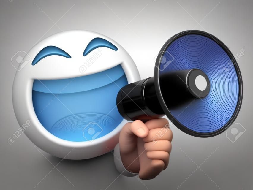 Emoji tenant haut-parleur isolé sur fond blanc, émoticône tenant mégaphone rendu 3d