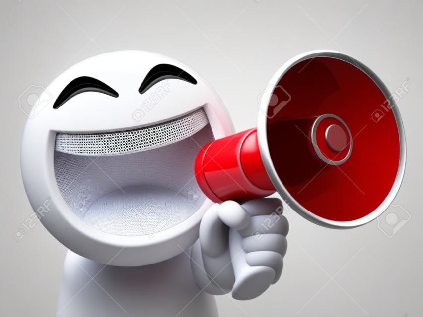 Emoji trzymając głośnik na białym tle na białym tle, emotikon gospodarstwa renderowania 3d megafon