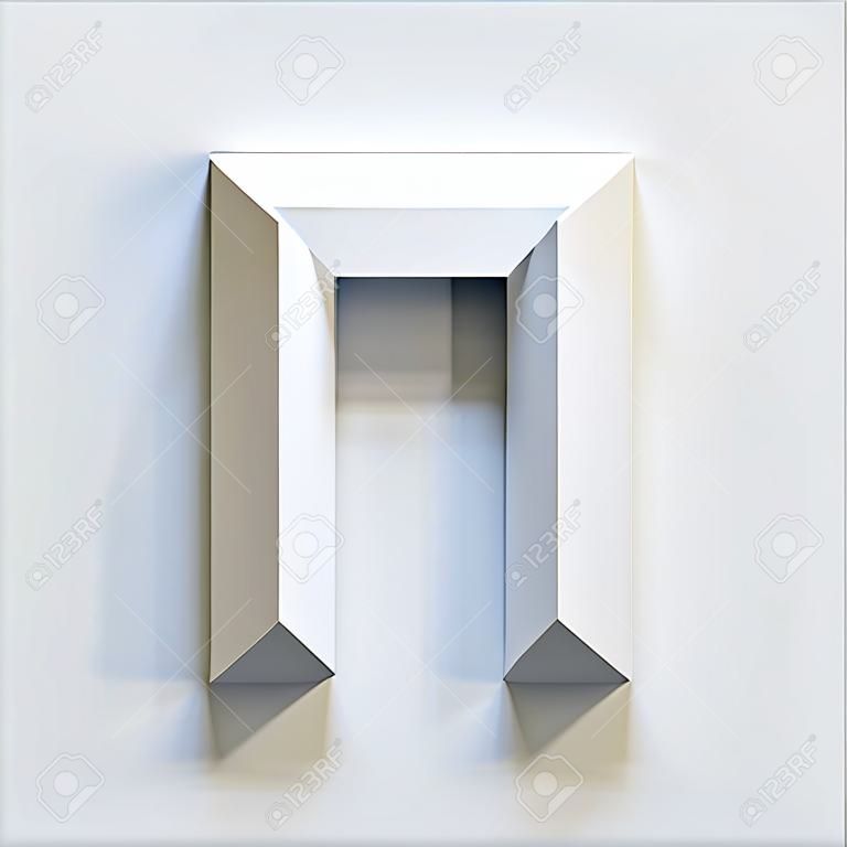 Lettera N, carattere quadrato tridimensionale, bianco, semplice, geometrico, che proietta ombra sulla parete di fondo, rendering 3d