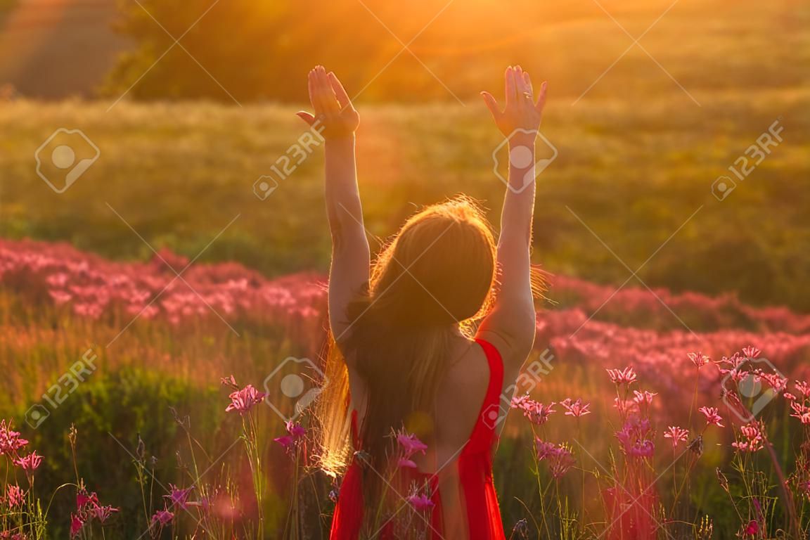 Girl in red dress staying by back with hands up  among blooming Sally field in sunset