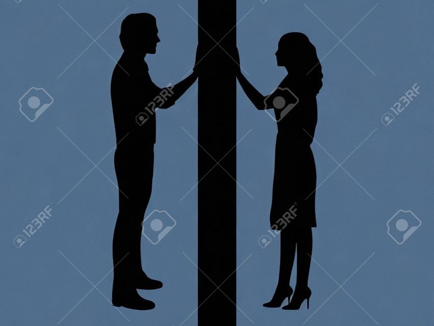 Silhouettes of man and woman separated by wall