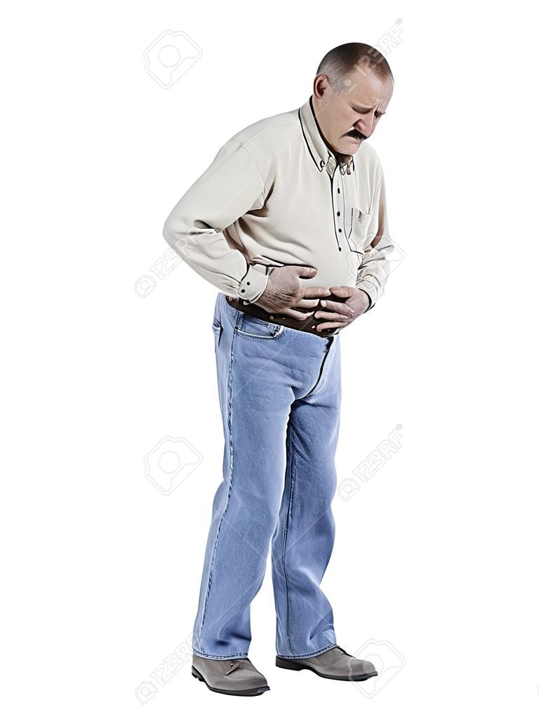 Image of an old man suffering from stomach pain while standing on a white background