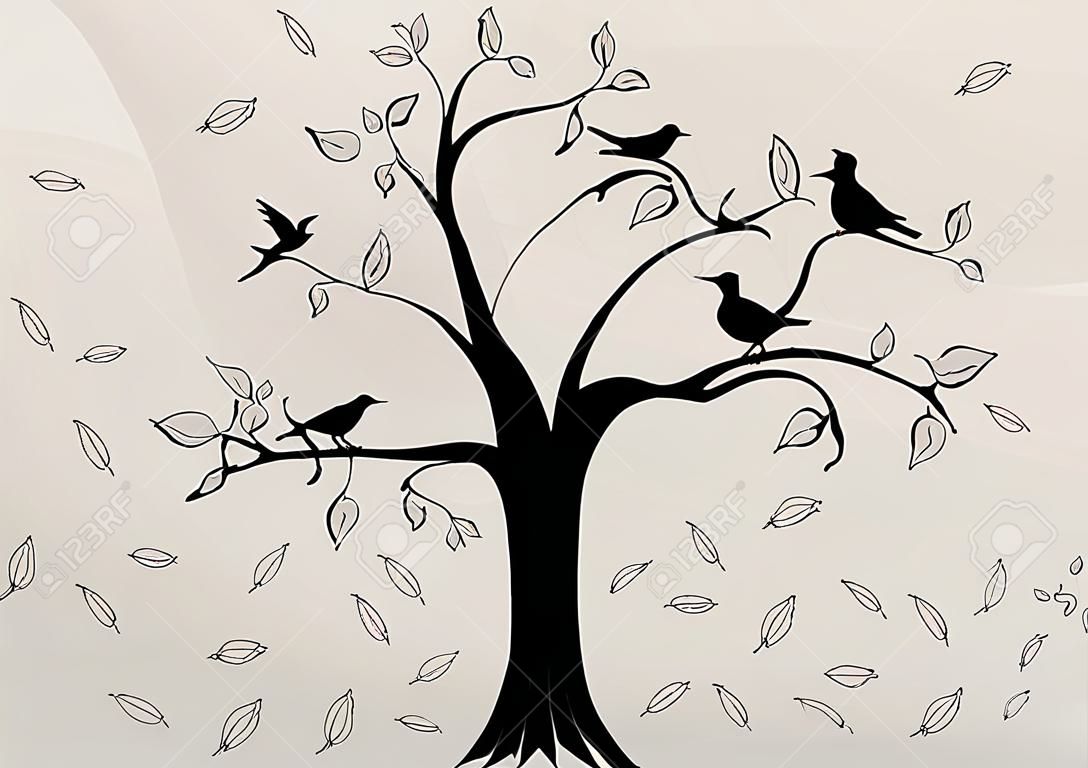 sagoma di un albero con foglie e uccelli su uno sfondo astratto