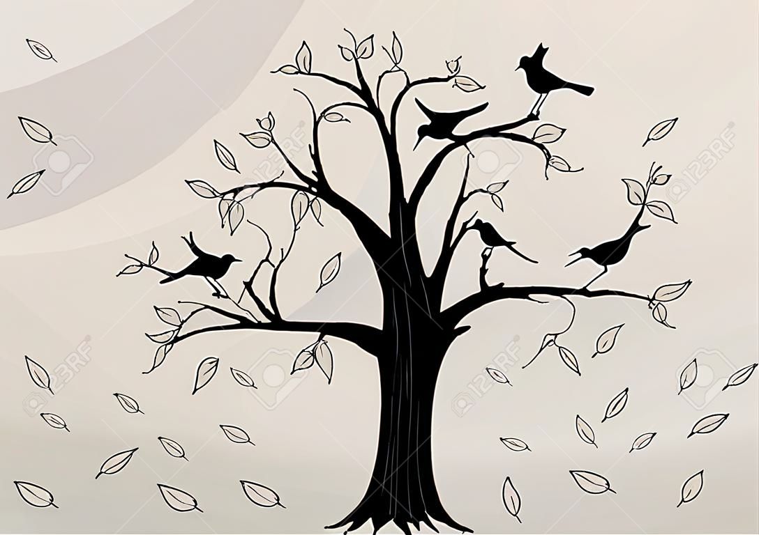 sagoma di un albero con foglie e uccelli su uno sfondo astratto