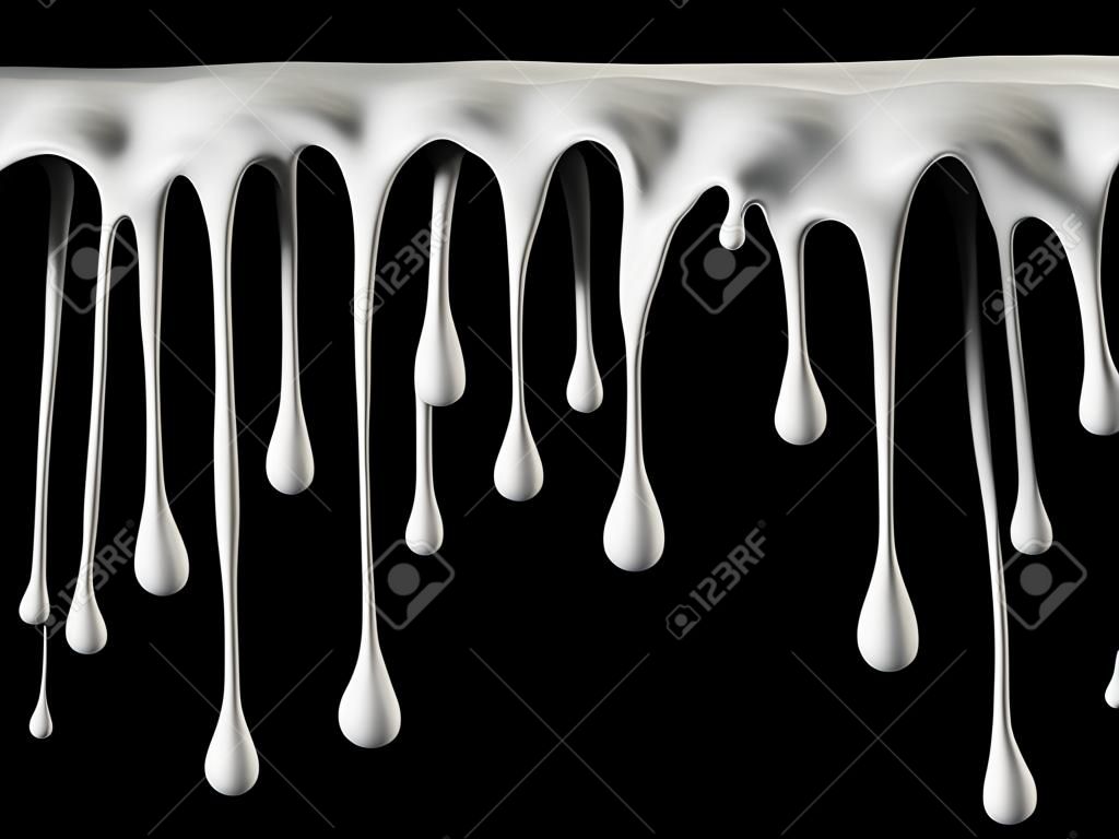 Gotas de leche o crema blanca gotean sobre fondo negro